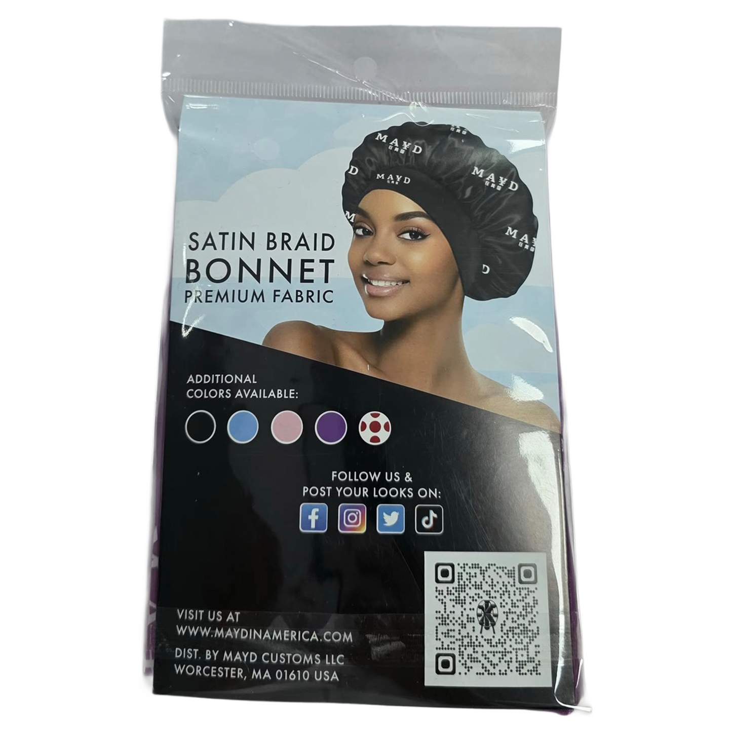 Satin braid bonnet packaging with a model wearing the bonnet on a white background