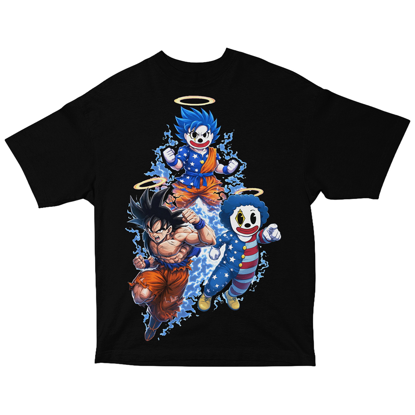 Black t-shirt with colorful graphic of characters on a white background