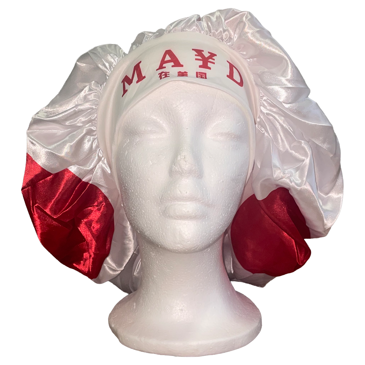 White satin bonnet with red interior on a mannequin head against a white background