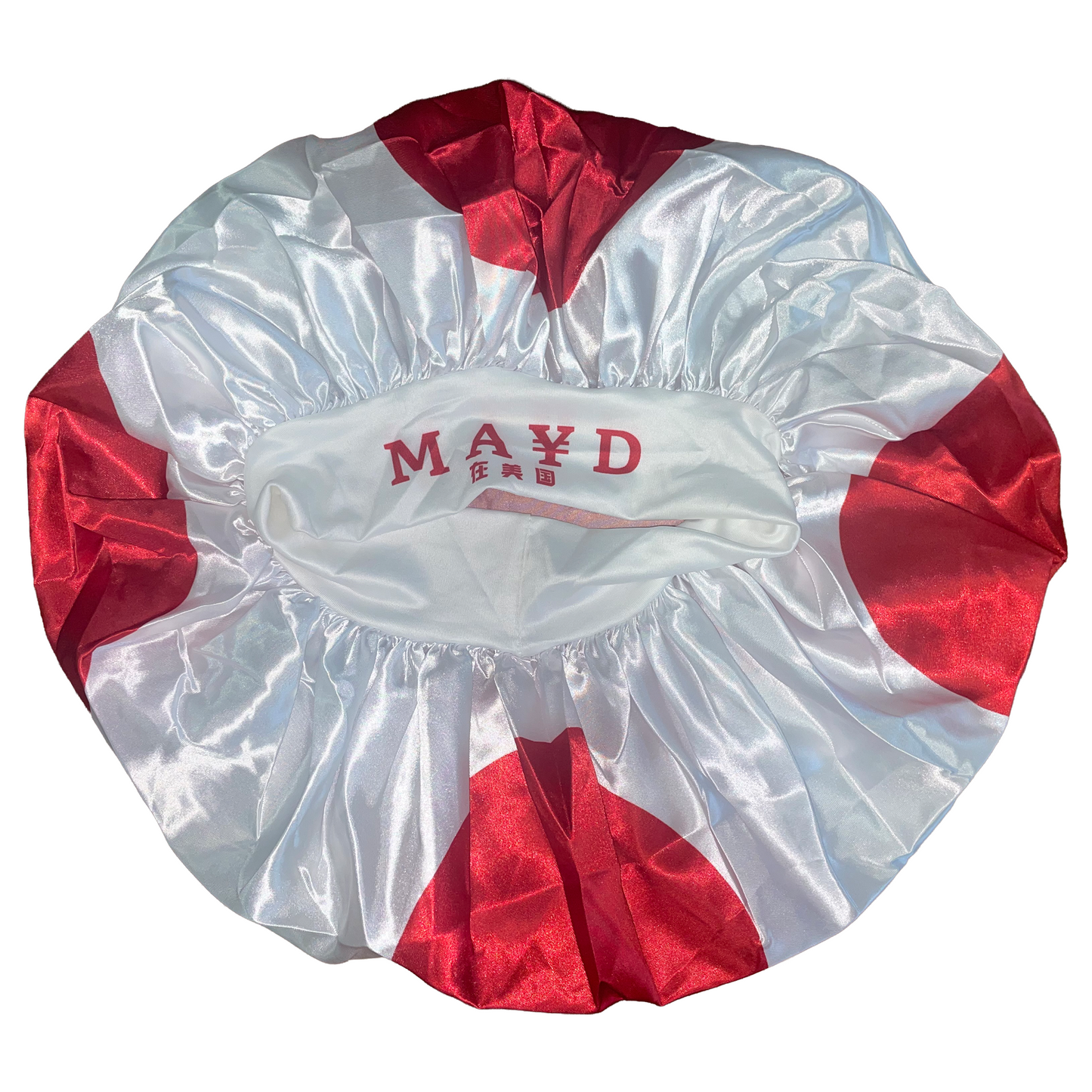 Red and white bonnet with 'MAYD' branding on a white background