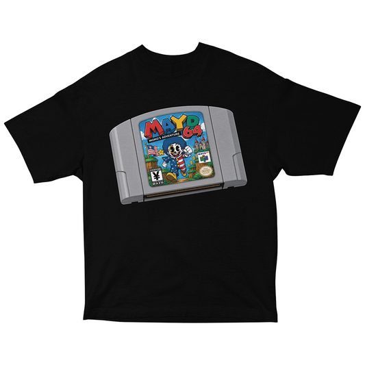 MAYD 64 Momos Adventure retro Nintendo 64 cartridge graphic t shirt in black