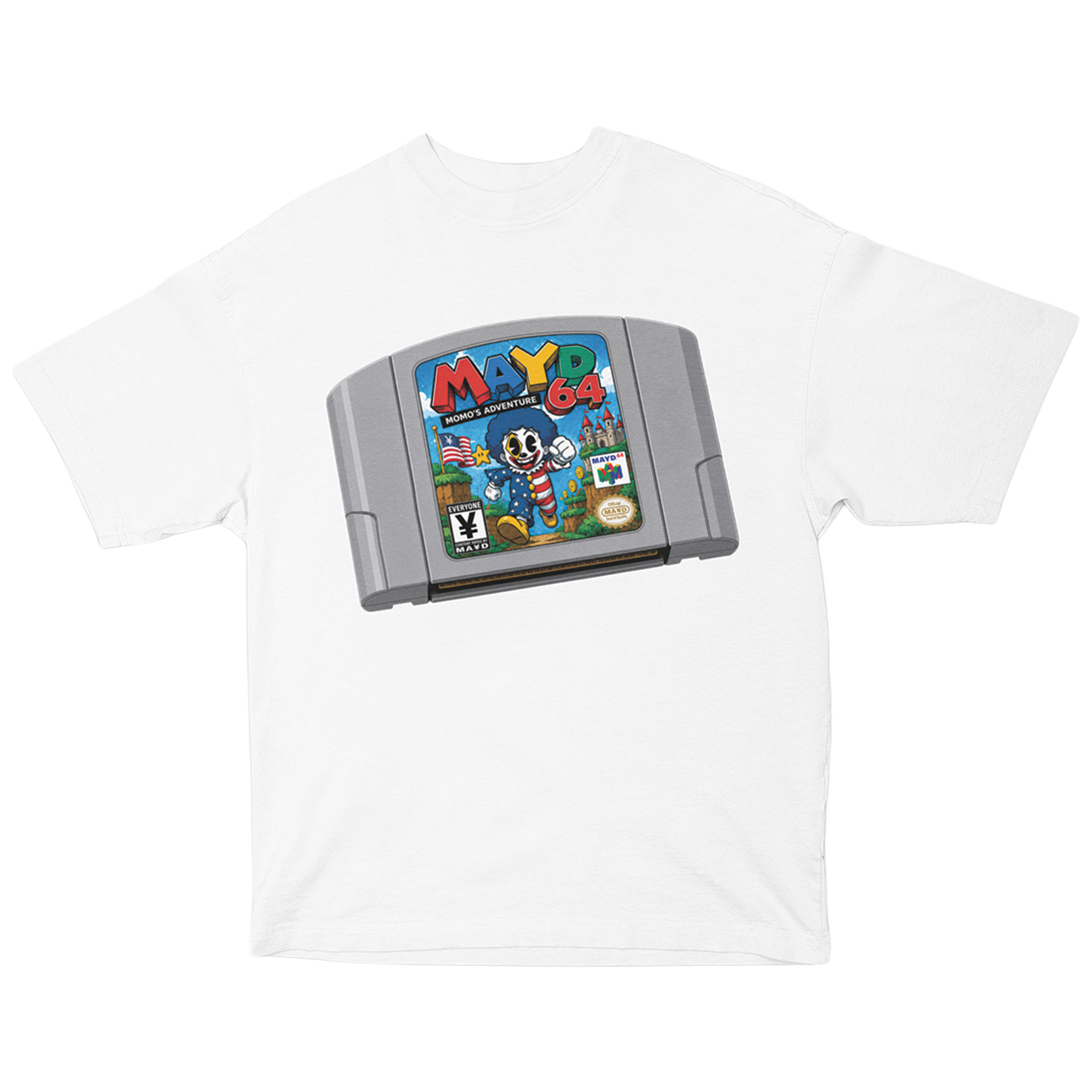 MAYD 64 Momos Adventure retro Nintendo 64 cartridge graphic t shirt in white
